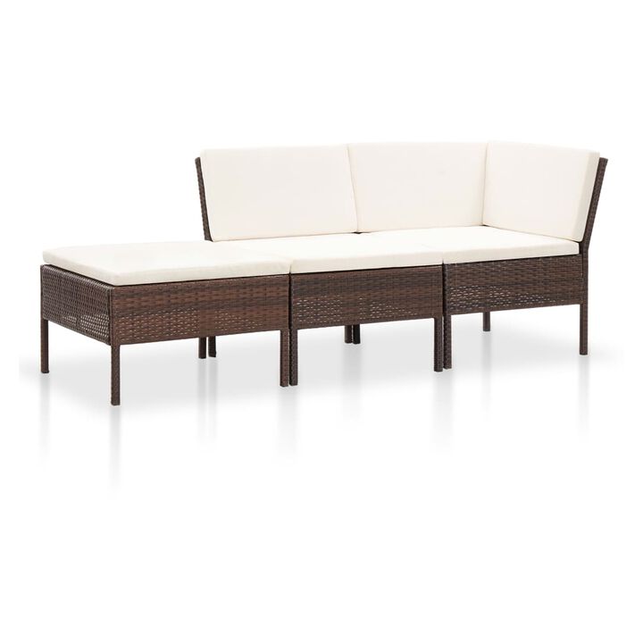 Modular 3pc Outdoor Lounger Sofa, Brown Poly Rattan, Ivory Fabric - Benzara