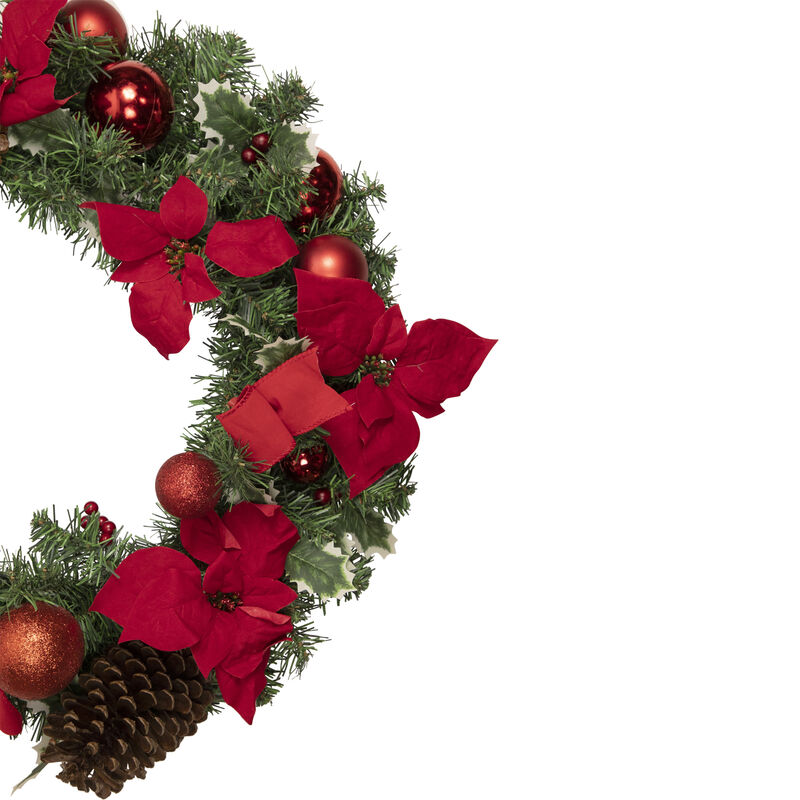 Poinsettia with Pinecone and Ball Artificial Christmas Wreath  24-Inch  Unlit