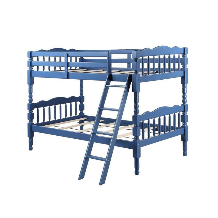 Alice Classic Twin Bunk Bed with Ladder, Guard Rail, Carved Legs, Blue-Benzara