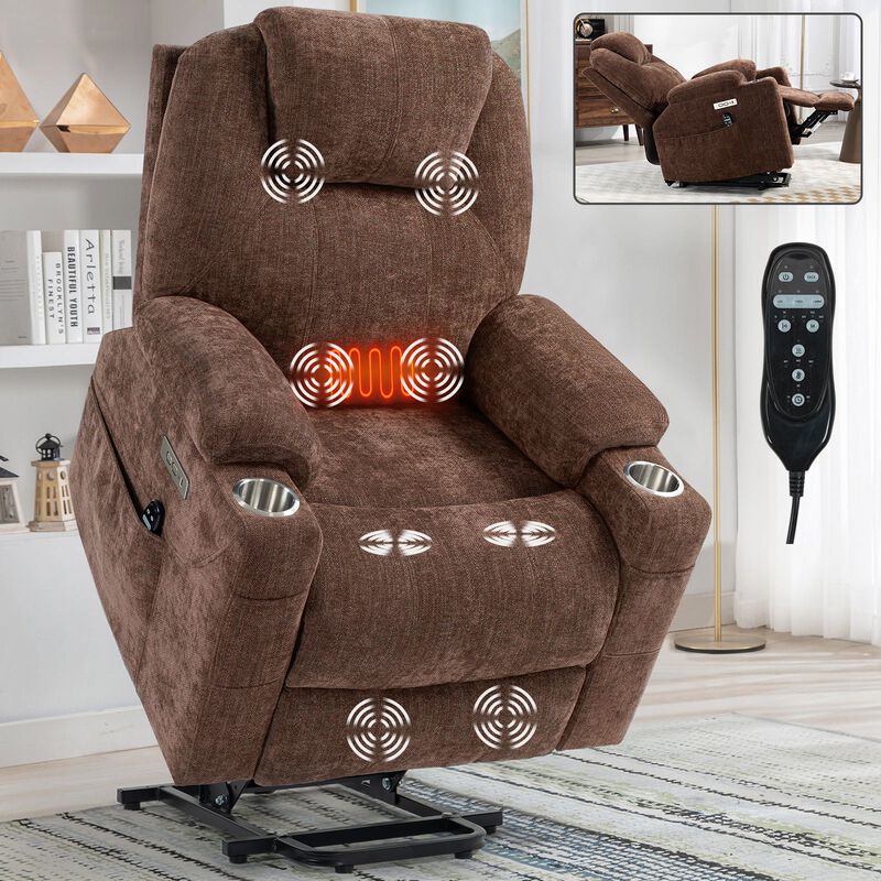 Chenille Power Lift Recliner Chair, Heavy Duty Motion Mechanism with Massage and Lumbar Heating, USB and Type-C Ports