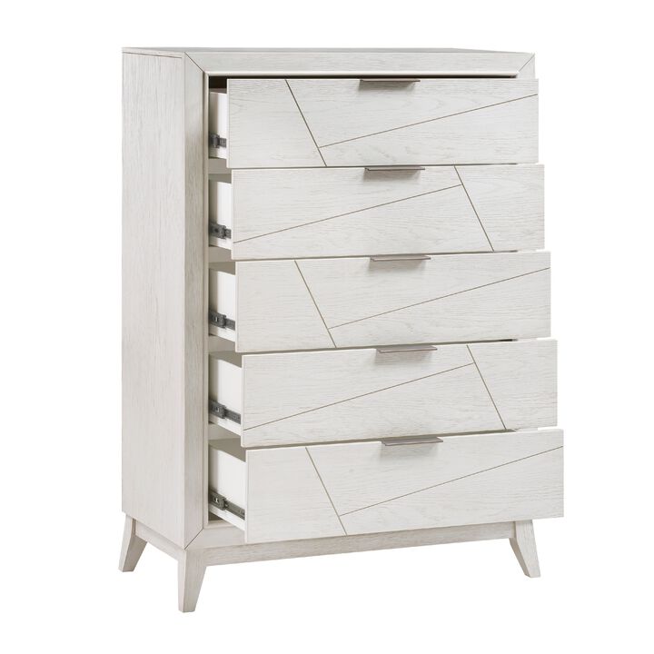Zine Tall Dresser Chest, 5 Drawers, Antique White, Flat Black Handles - Benzara