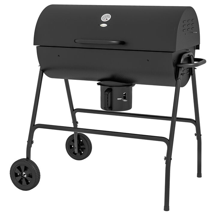 Outsunny Barrel Charcoal BBQ Grill Trolley with 420 sq.in. Cooking Area, Outdoor Barbecue Smoker with Wheels, Ash Catcher and Built-in Thermometer for Patio Backyard Party, Black