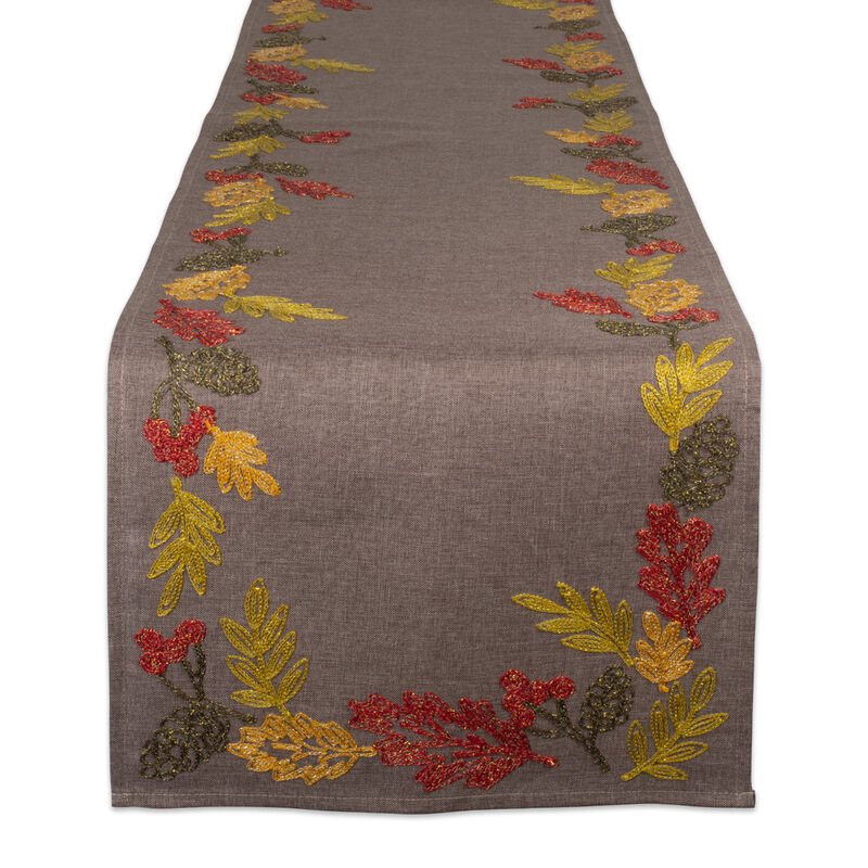 108" Brown Shimmering Leaves Embroidered Table Runner image number 1