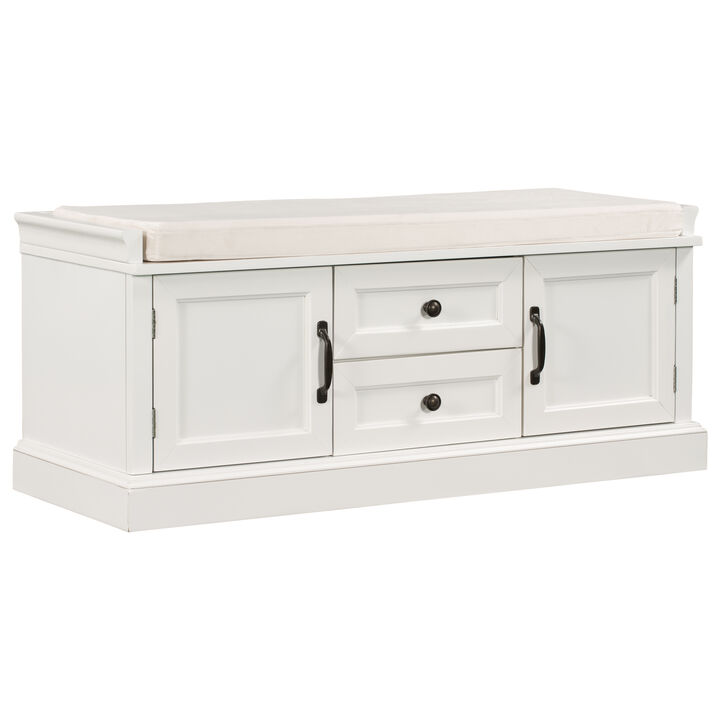 Storage Bench with 2 Drawers and 2 Cabinets, Shoe Bench with Removable Cushion for Living Room, Entryway (White)