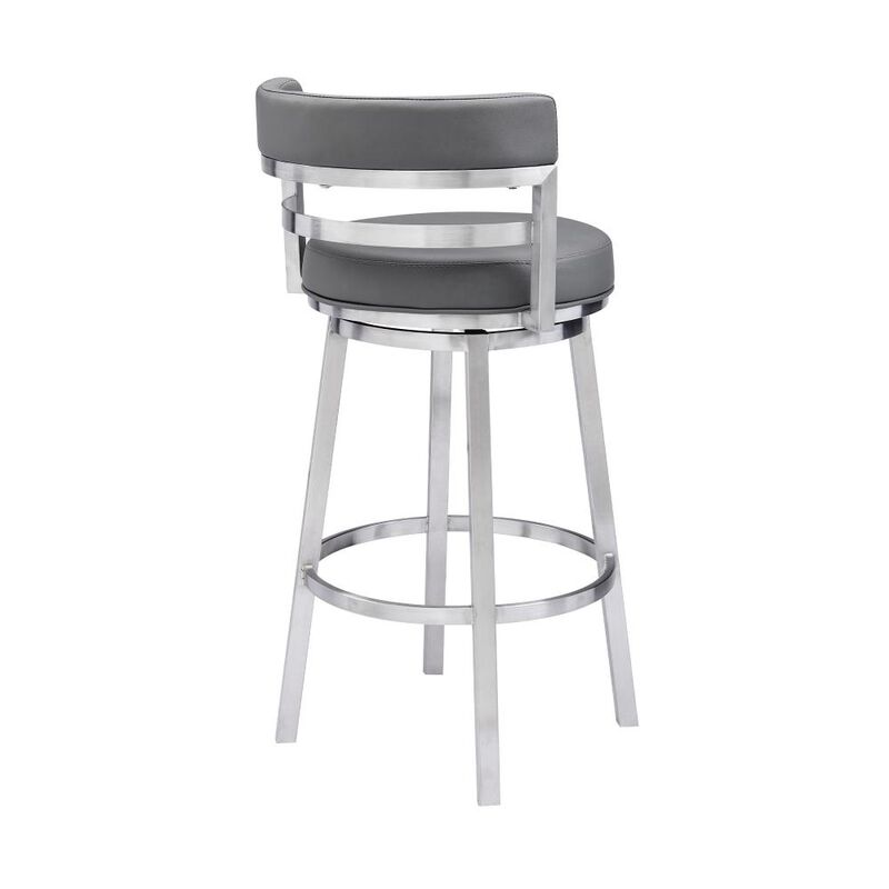 Hivvago 26 Inch Gray And Silver Faux Leather And Iron Swivel Low Back Counter Height Bar Chair