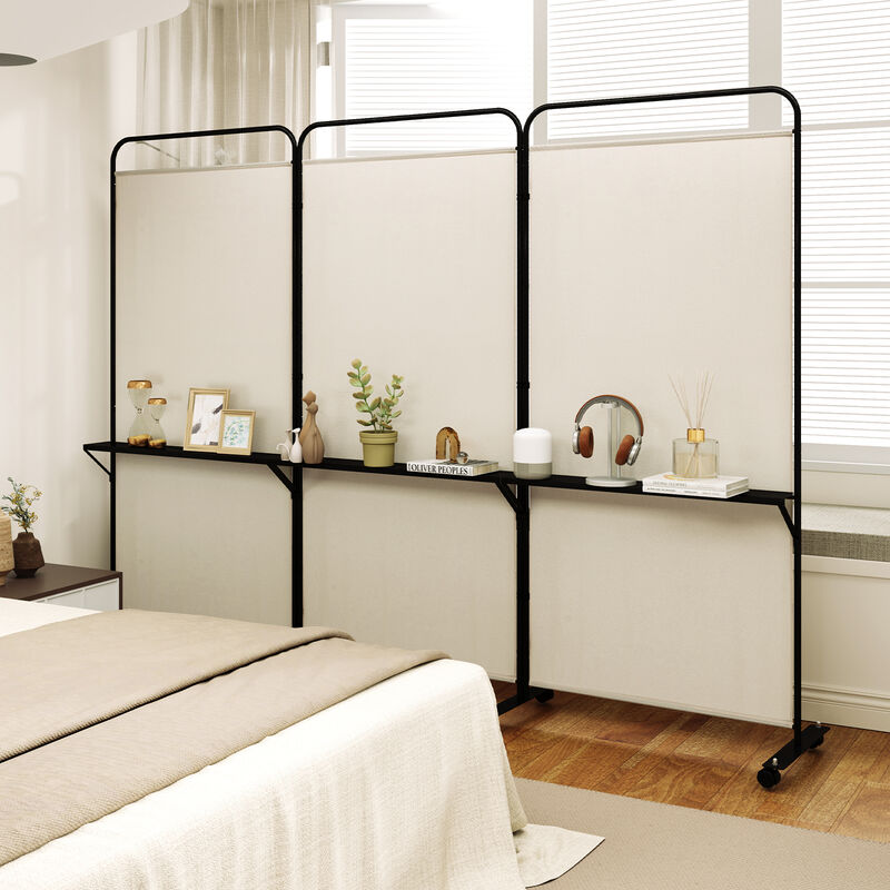 Multi-Functional 3-Panel Folding Room Divider with Metal Shelves and Lockable Wheels image number 5