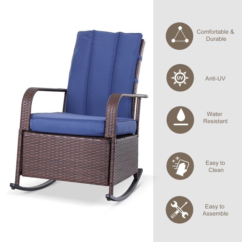 Blue Patio Relaxer: Outdoor Rattan Recliner with Soft Cushion