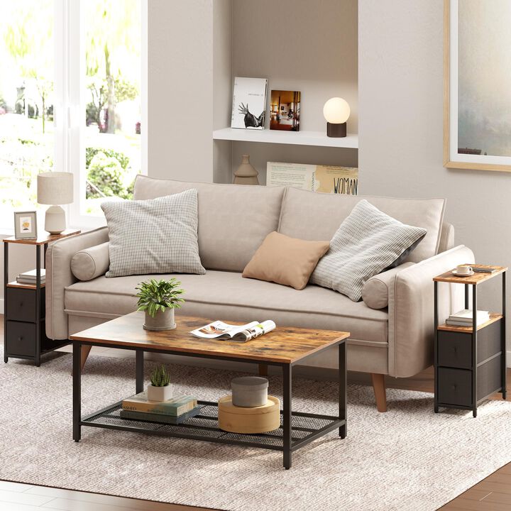 TUTOTAK Small Narrow End Table, Set of 2, Side Table, Nightstand with 2 Cloth Drawers, Couch Table, for Living Room, Bedroom, Be