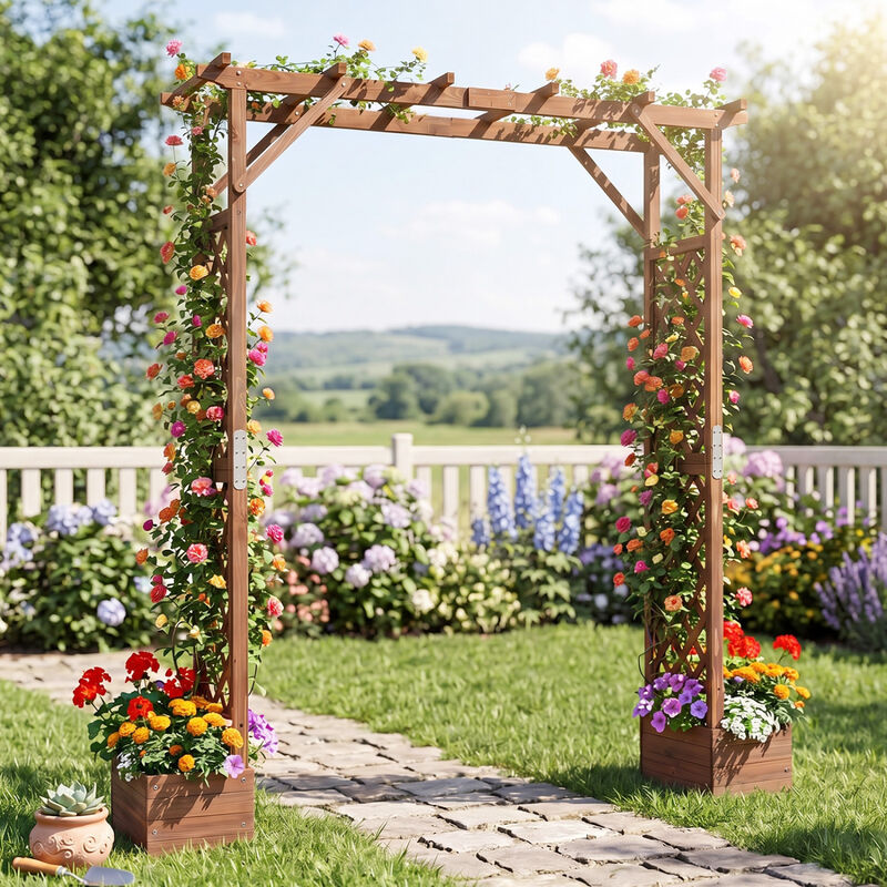 87 Inch Tall Wooden Garden Arbor with Hanging Roof and Planter Boxes image number 1