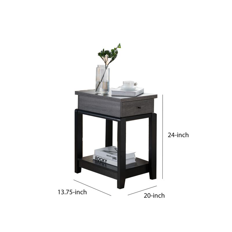 Wooden Chairside Table With Bottom Shelf, Distressed Gray And Black-Benzara