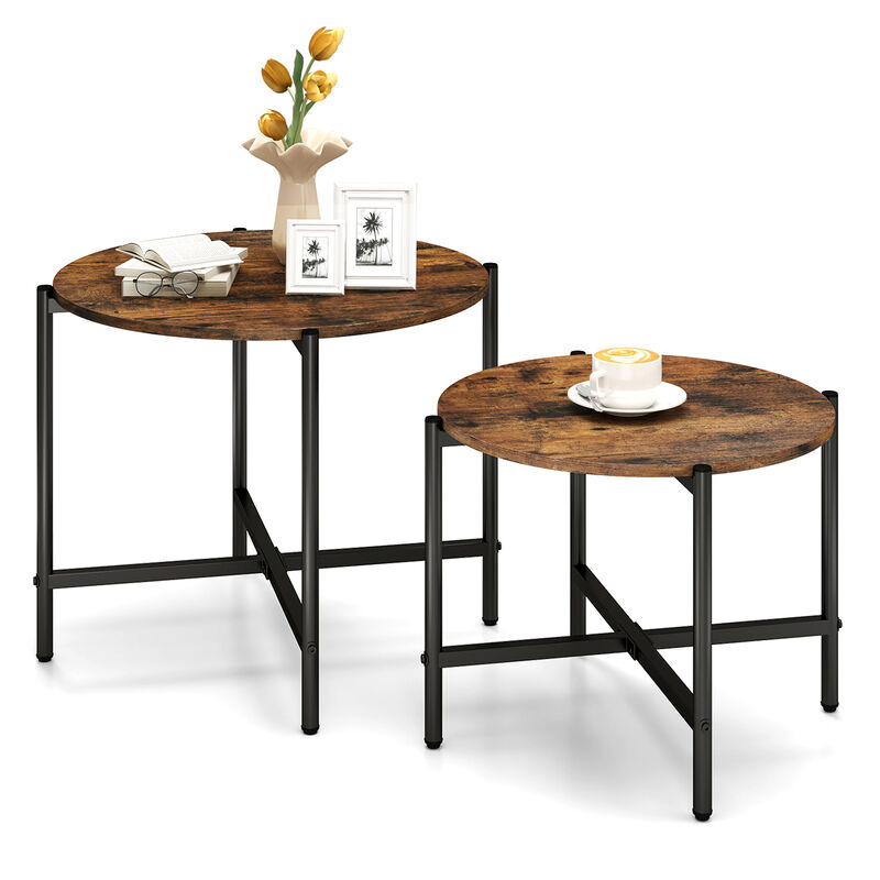 Round Coffee Table Set of 2 – Heavy-Duty Metal Frame Nesting Tables for Living Room