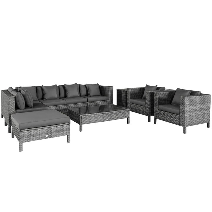 Outsunny Patio Furniture Set, 9 Piece Outdoor Sectional Sofa, All-Weather PE Rattan Wicker Conversation Set with Chairs, Ottoman, Loveseat, Coffee and Side Table, Cushions, Black