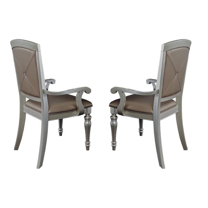 Glamorous Crystal Button-Tufted Set of 2 Arm Chairs Silver Finish Upholstered Seat Back Modern Dining Furniture
