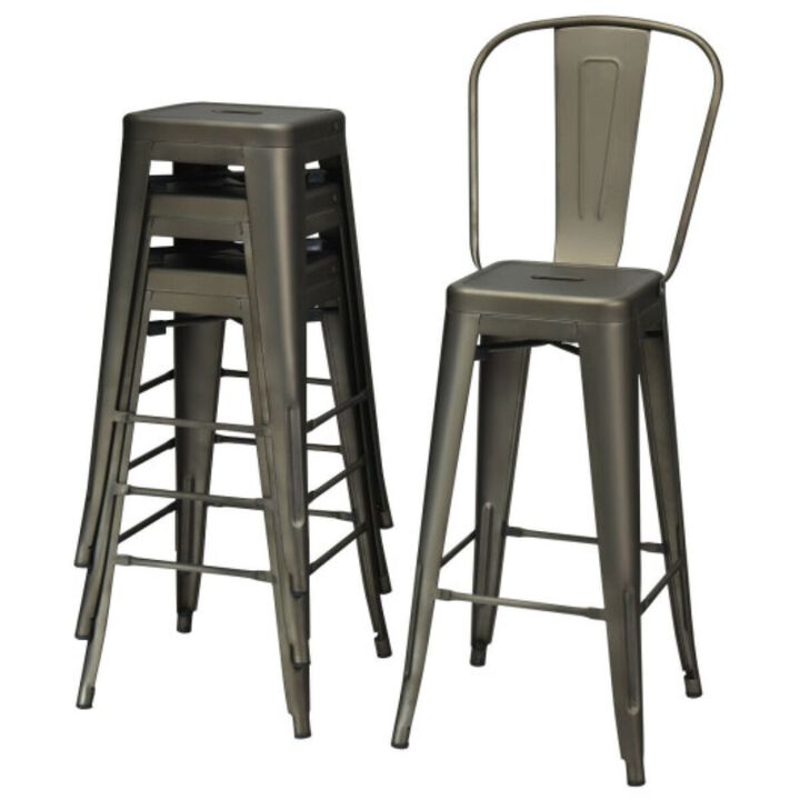30" Height Set of 4 High Back Metal Industrial Bar Stools