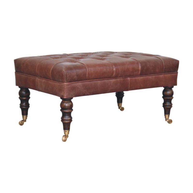 Artisan Furniture Solid Wood Leather Ottoman with Castor Legs