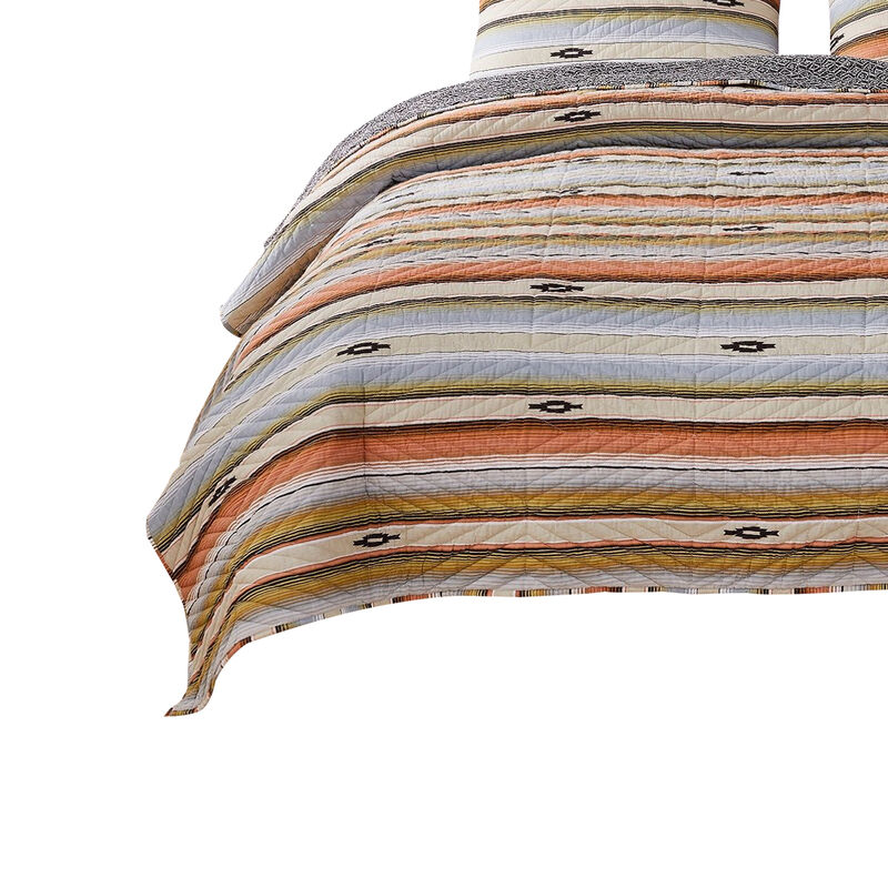 3 Piece Microfiber King Size Quilt Set with Chevron Print, Multicolor - Benzara