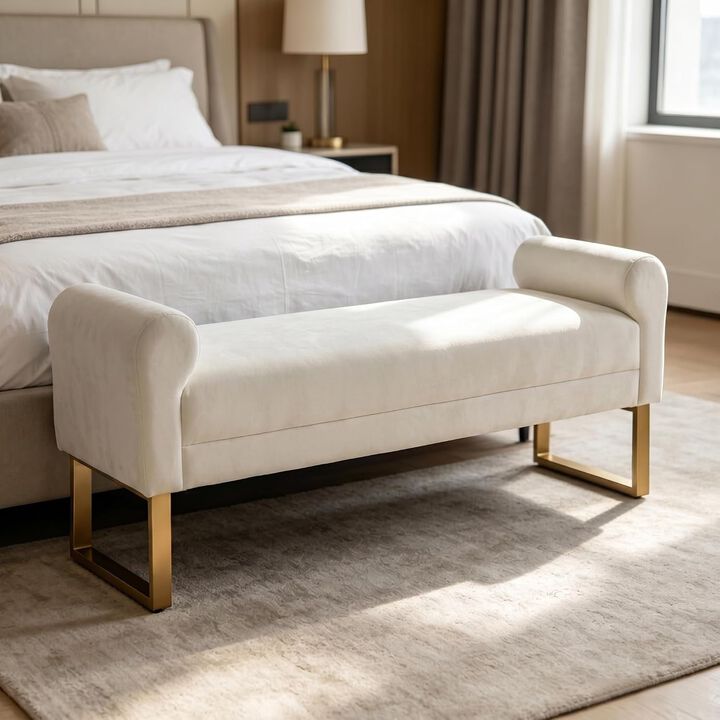 Envelor 65 in. Chenille Upholstered Ottoman Bench with Arms and Gold Legs
