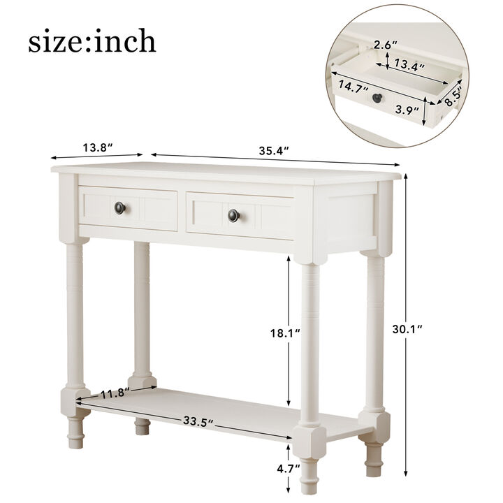 Console Table Sideboard Wooden Sofa Table with 2 Drawers and Bottom Shelf for Bedroom (White)