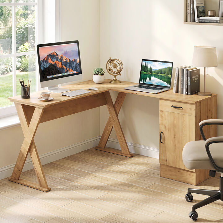 Reversible L Shaped Computer Desk with Drawer and Cabinet for Bedroom