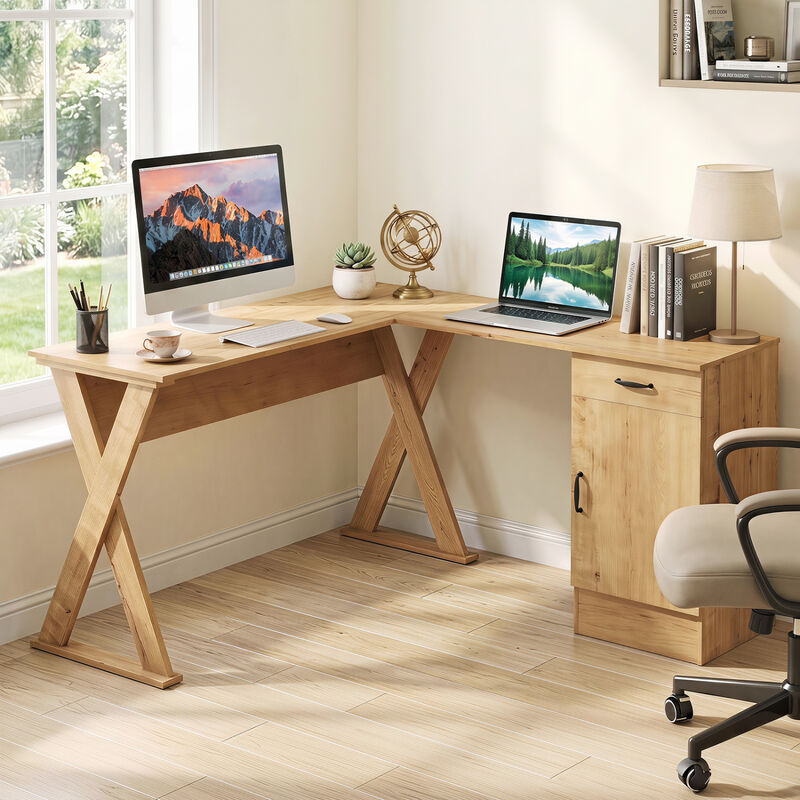 Reversible L Shaped Computer Desk with Drawer and Cabinet for Bedroom image number 1