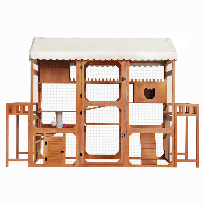 Whisen 108" Large Outdoor Pet Furniture with 2 Plant Stands, 6 Platforms, Metal & Pine Wood, Backyard Catio for Multiple Cats