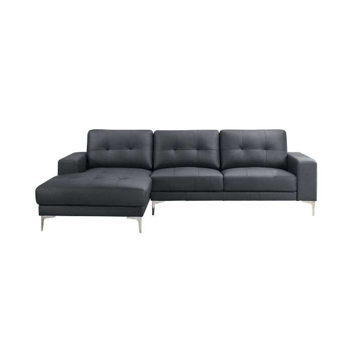 Moa 2pc Sectional Sofa w RAF Chaise, Chrome Legs, Black Full Leather - Benzara