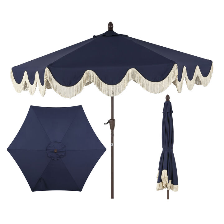 Collins Classic Cottage Tassel Market Patio Umbrella with Auto-Tilt, Crank, Wind Vent and UV Protection