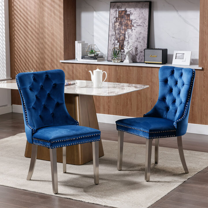 Streamdale Contemporary Velvet Dining Chairs, Set of 2, Blue/Chrome