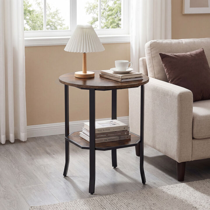Small Round End Table with 2 Tier Storage Shelf for Bedroom and Living Room