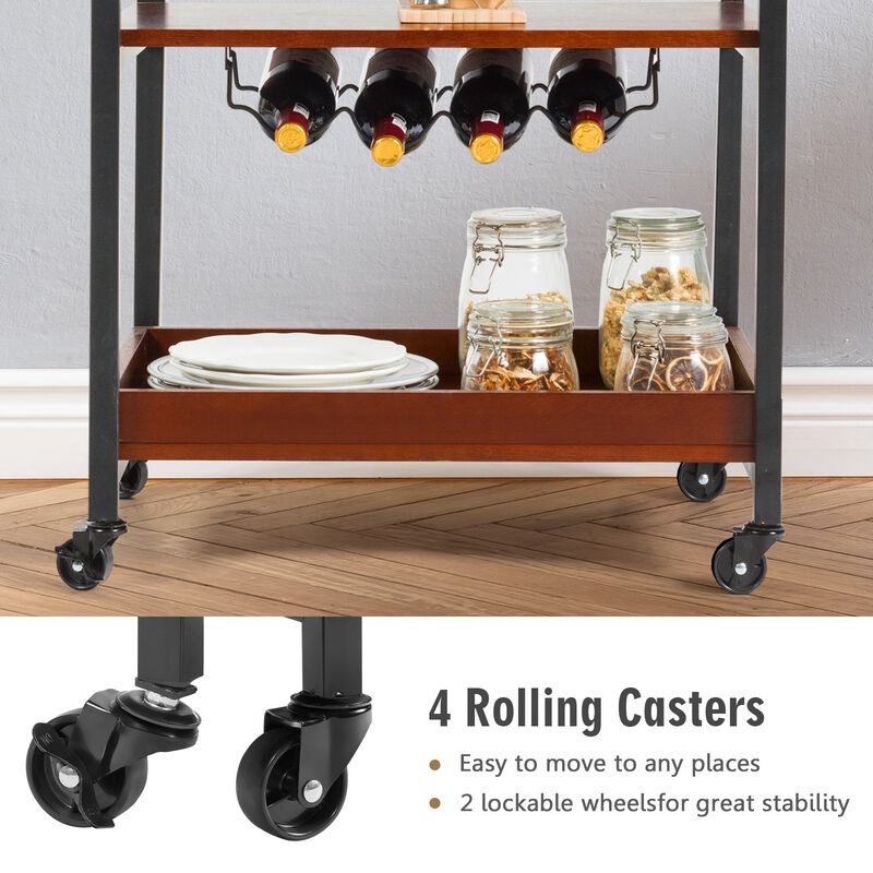 3 Tiers Kitchen Island Serving Bar Cart with Glasses Holder and Wine Bottle Rack