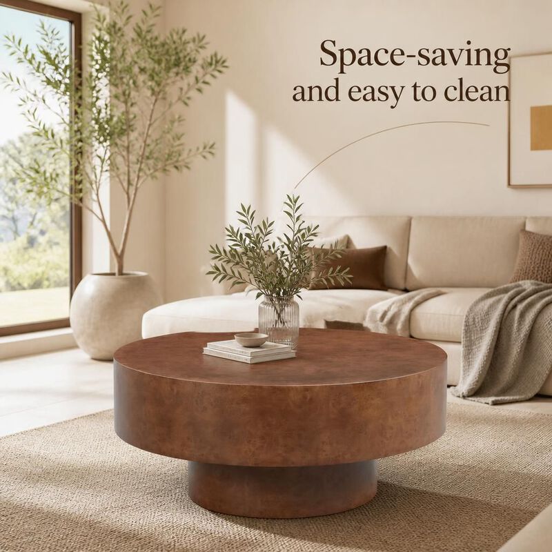 GOODSILO Round Mid-Century Modern Coffee Table with Burl Wood Veneer and Sturdy Pedestal for Small Living Spaces, Apartments and Home Offices image number 4