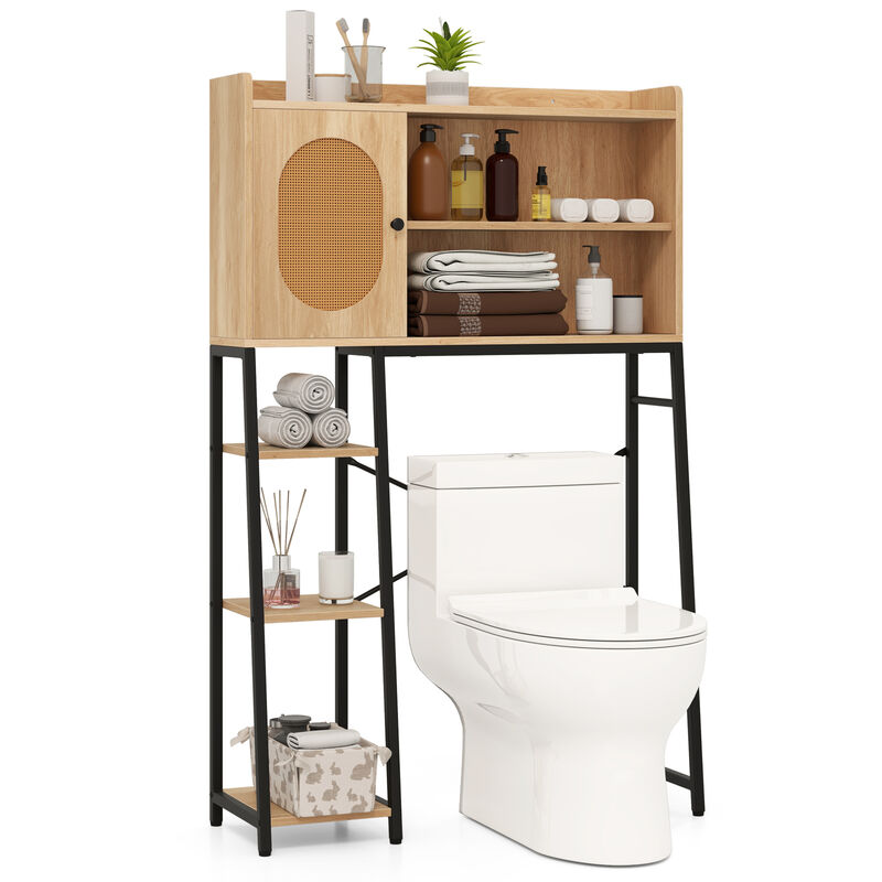Compact Over Toilet Cabinet with PE Rattan Door and Open Storage Shelves