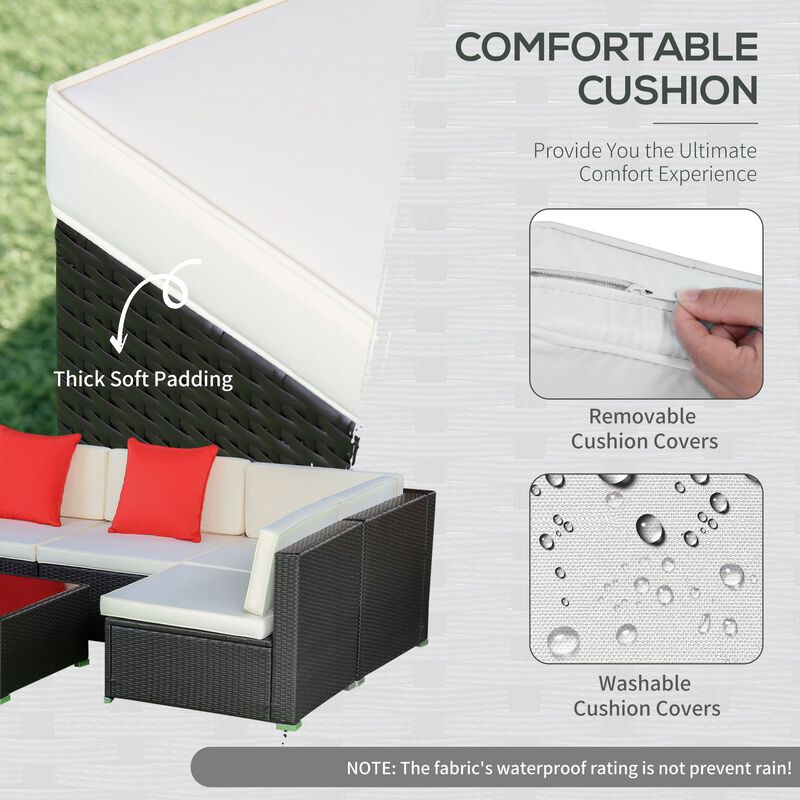 Cream White Patio Set: 7-Piece Wicker with Glass Table