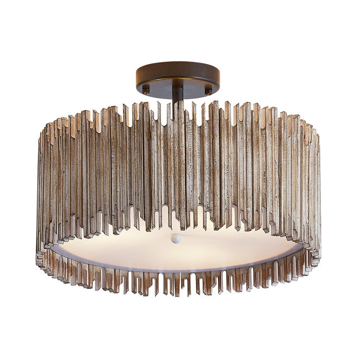 15.5" 3-Light Distressed White Wood Drum Semi Flush Mount Ceiling Light