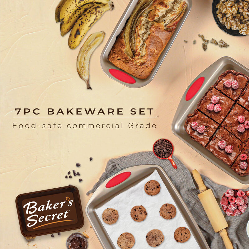 Baker's Secret Bakeware Set 7 pieces, Easy Grip Carbon Steel Non-stick Durable Set of 7 Bakeware Set Cookie sheet, 2x Round Cake Pans, Loaf pan, Sqaure Pan, Roaster with Lid, Gift Packaging, Baking Essentials