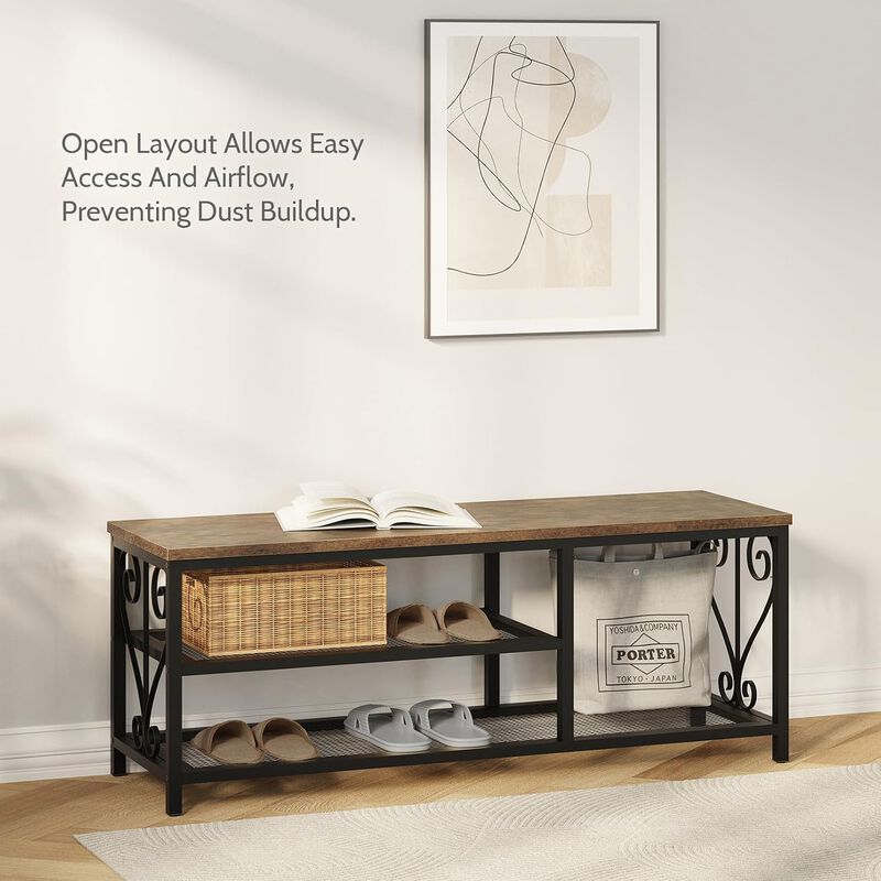 Shoe Bench with Shoe Rack, 47.2" L Entryway Bench with Seating, 2-Tier Shoe Organizer with Rustic Wood Top & Metal Frame for Entryway image number 6