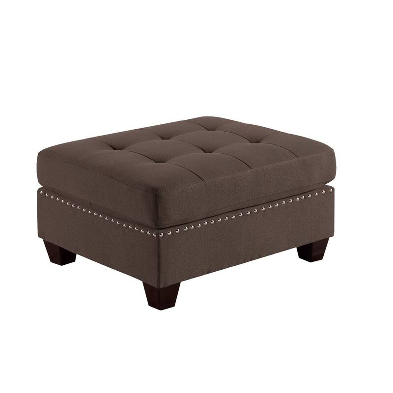 Living Room Furniture Tufted Ottoman Black Coffee Linen Like Fabric 1pc Ottoman Cushion Nailheads Wooden Legs