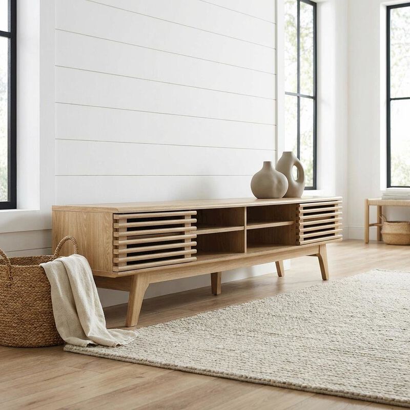Brown wood entertainment center with spacious TV stand and sleek design image number 3