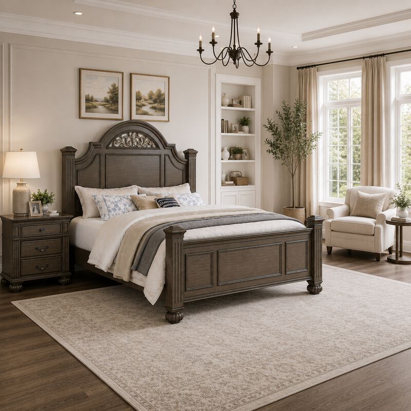 Queen Bedroom Set, Gray, Brass, Clear Wood, 2 Piece Set with Nightstand image number 1