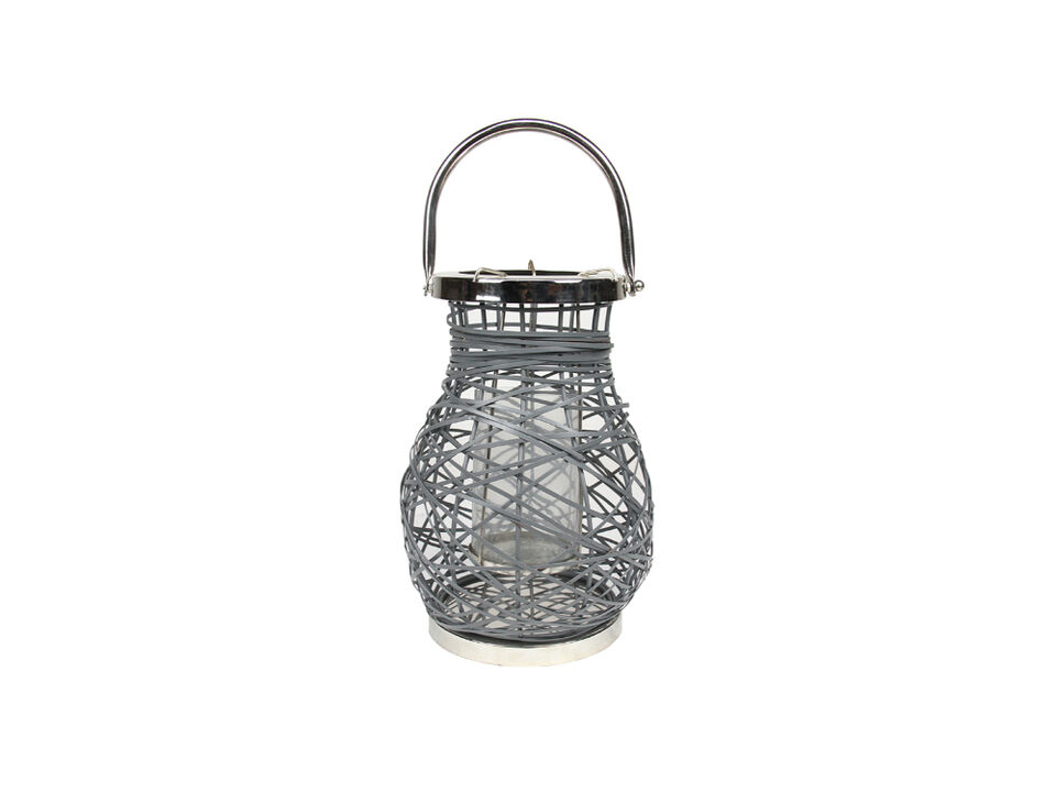 13.5" Modern Gray Decorative Woven Iron Pillar Candle Lantern with Glass Hurricane