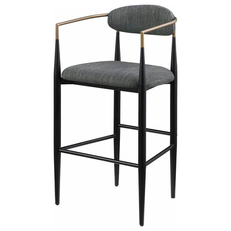 Tiara Bar Chair Set of 2, Gray Fabric, Gold, Black Metal 30 Inch - Benzara