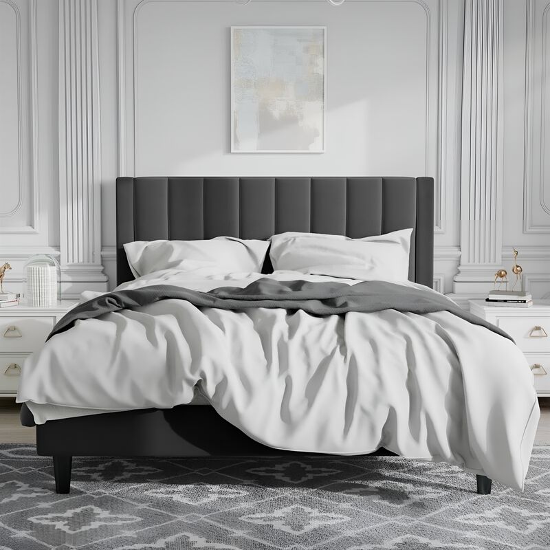 Velvet Upholstered Platform Bed Frame with Headboard
