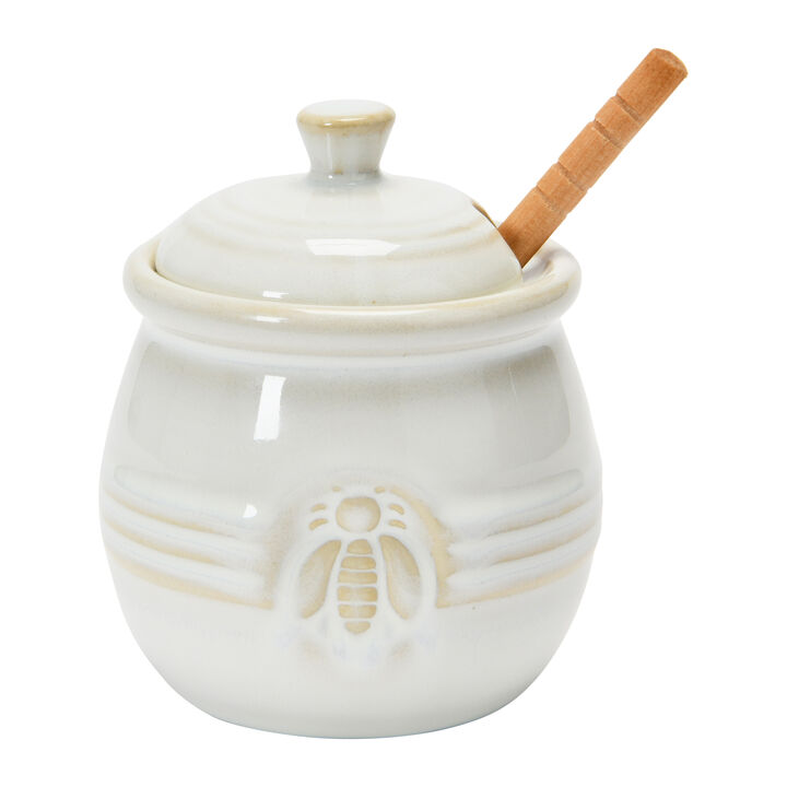 Farmhouse Embossed Stoneware Honey Pot with Wood Honey Dipper