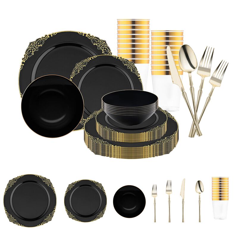 Black with Gold Fancy Round Plastic Tableware Set (120 Sets) image number 0
