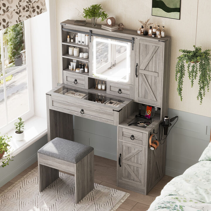 Merax Farmhouse Vanity Desk with Sliding Mirror and Lights