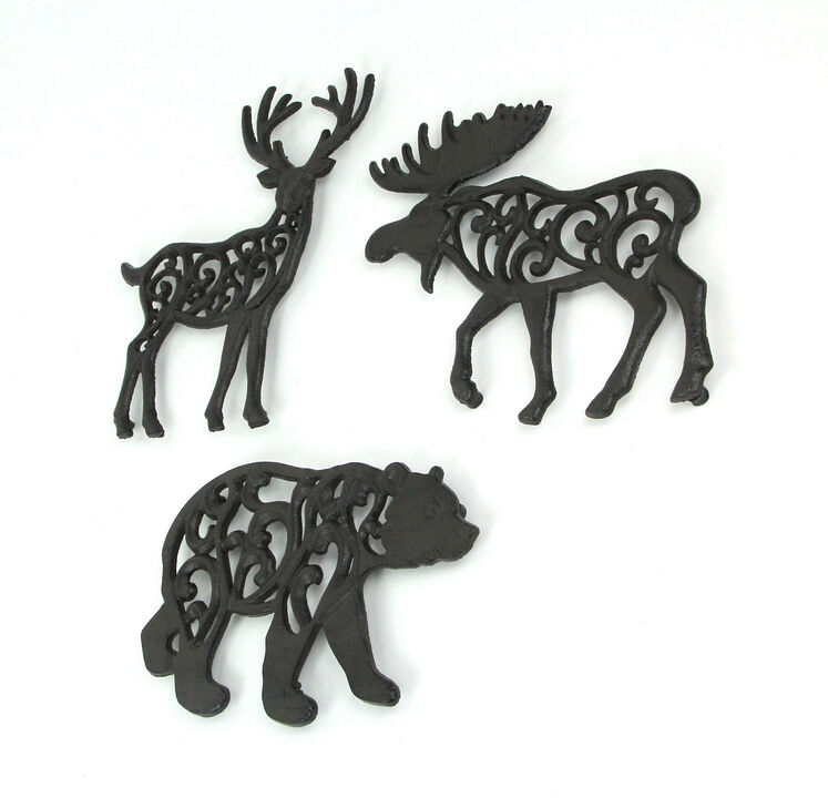 Set of 3 Cast Iron Lodge Design Kitchen Trivets Wall Hanging Art Deer Moose Bear