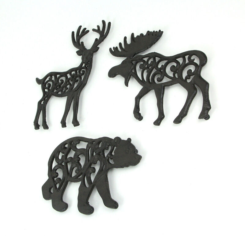 Set of 3 Cast Iron Lodge Design Kitchen Trivets Wall Hanging Art Deer Moose Bear image number 1