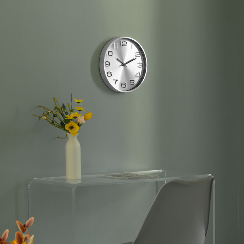 Aluminum Round Wall Clock - Modern Decor for Living Room, Kitchen, or Dining Room - 12 in Decorative Timepiece with Sleek Design - Large Round Clock for Home - Silent Ticking, Battery Operated, Silver