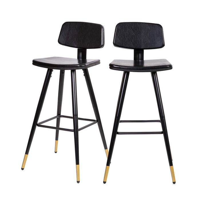 Flash Furniture Kora Commercial Grade Low Back Barstools-Black LeatherSoft Upholstery-Black Iron Frame-Integrated Footrest-Gold Tipped Legs-Set of 2