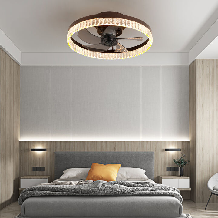 ELEMENT ACE 20-Inch Modern Flush Mount Ceiling Fan with LED Light and Crystal Ring Design for Bedroom and Living Room